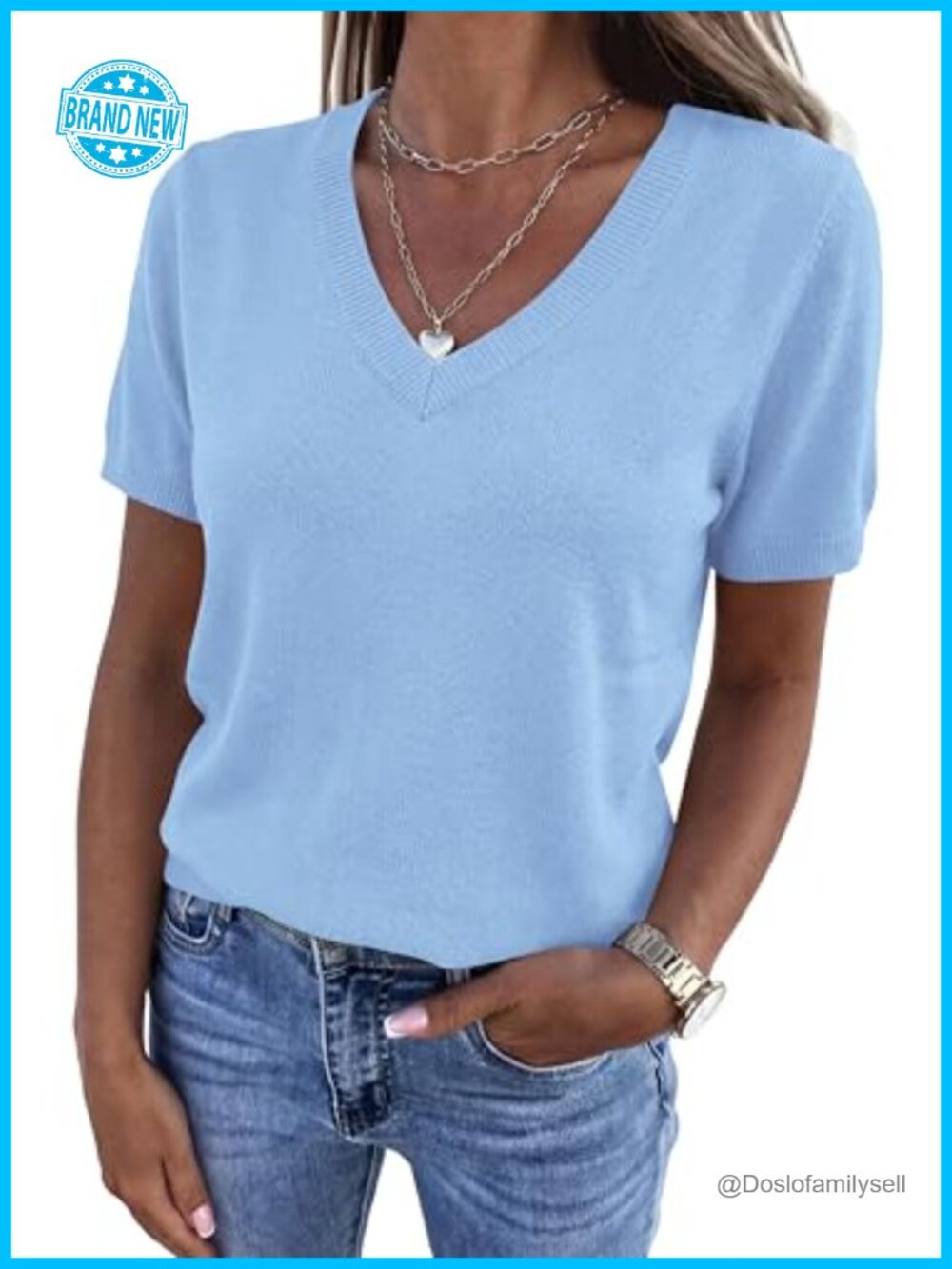 Womens Short Sleeve Sweater V Neck Knit Pullover Top Lightweight Business Casual